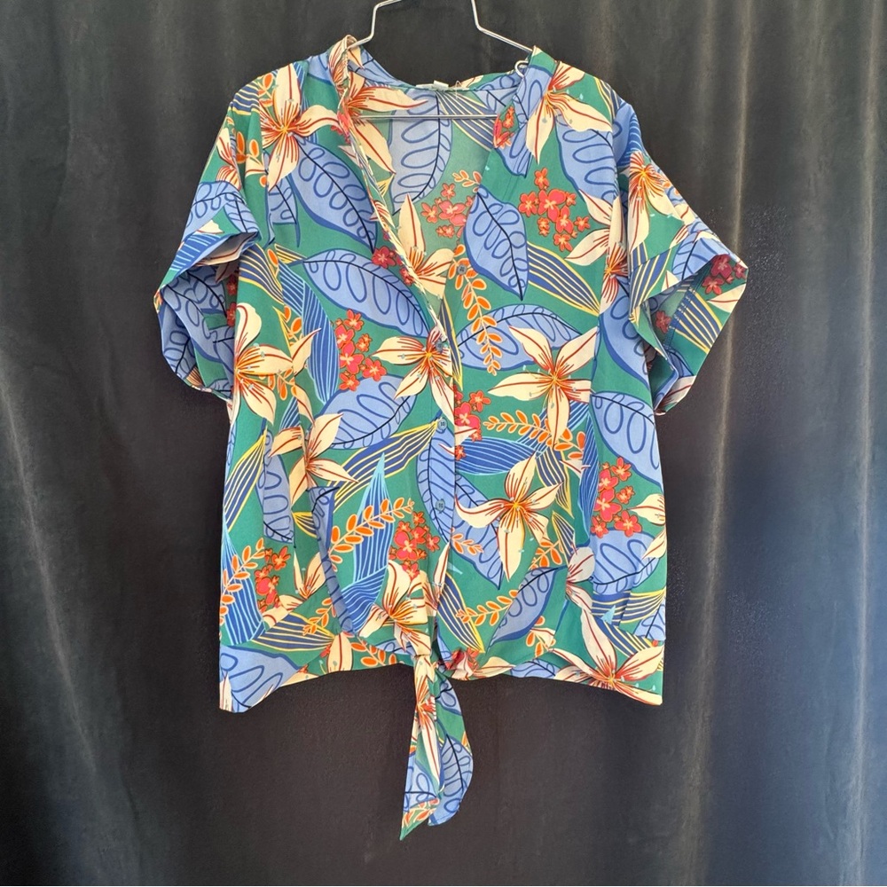 Jade Melody Tam‎ Tropical Tie Front Button Down Resortwear Vacation Size Small